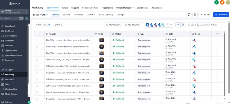 GoHighLevel social planner filled with AI-generated scheduled posts