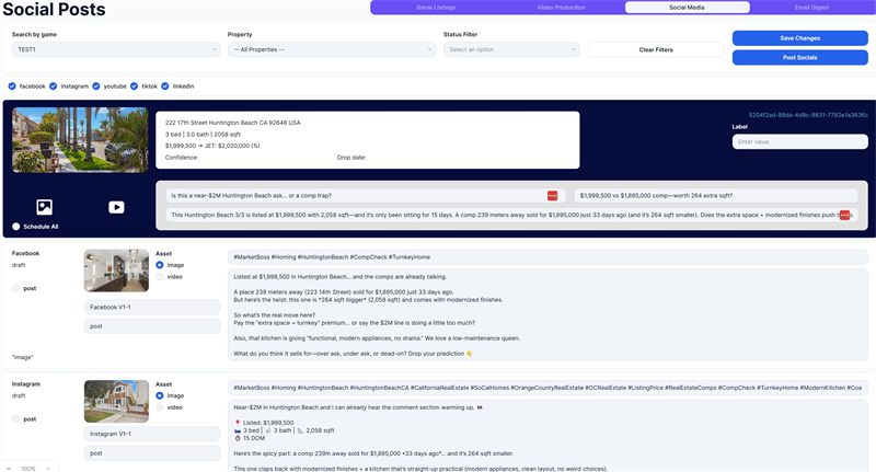 Social post composer showing platform variants generated from a single input