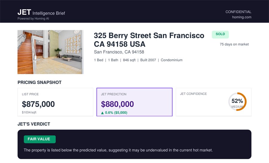 JET Intelligence Brief showing a property pricing snapshot and verdict